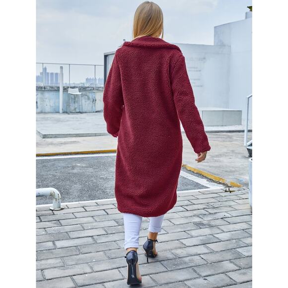 NEW Eilly Bazar Teddy Coat Women's M Burgundy Fuzzy Fleece Button NWOT - Picture 2 of 16